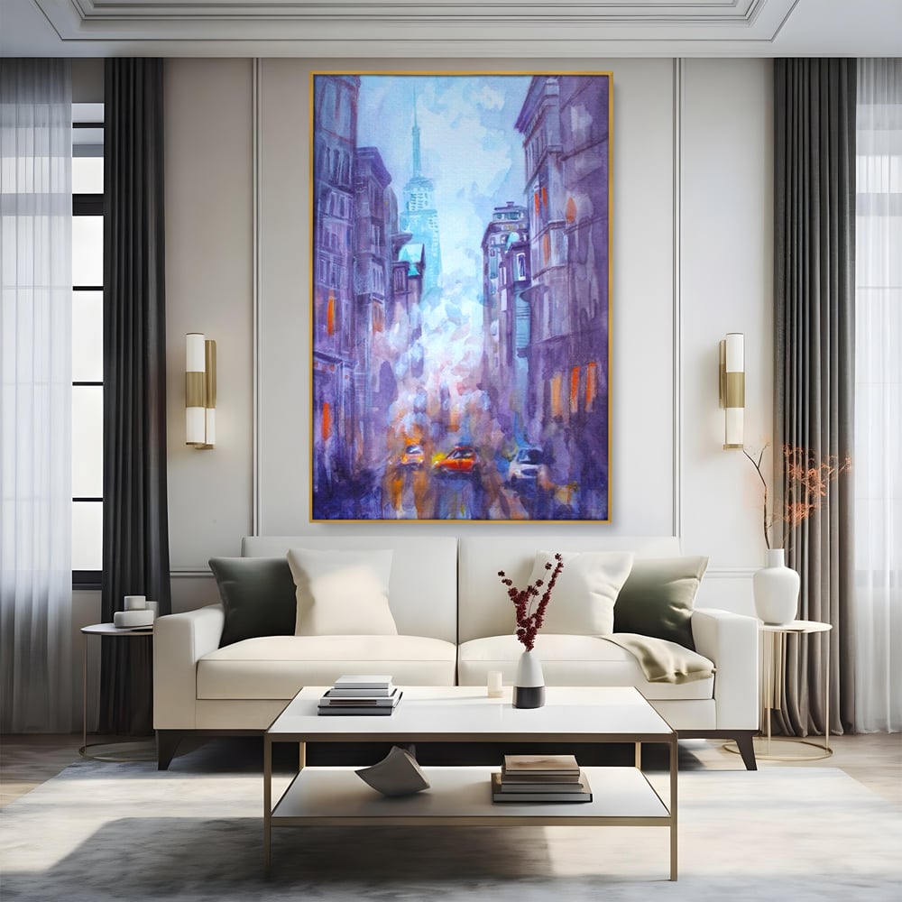 Tablou canvas cu tablou canvas pictura urbana cu masina portocaliu, in rama de aluminiu auriu, pe perete intr-un living